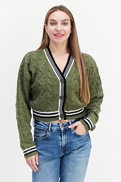 Don't Call Me Jennyfer Women V Neck Long Sleeve Textured Sweater, Olive Combo