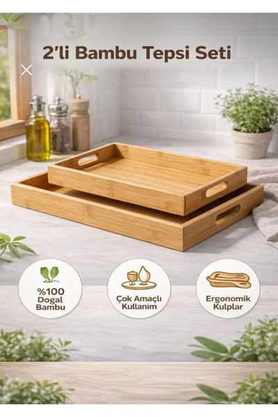 365Dükkan 2’li Bambu Tepsi Seti Orta ve Küçük Boy 33x22 cm – Doğal Ahşap Serv...