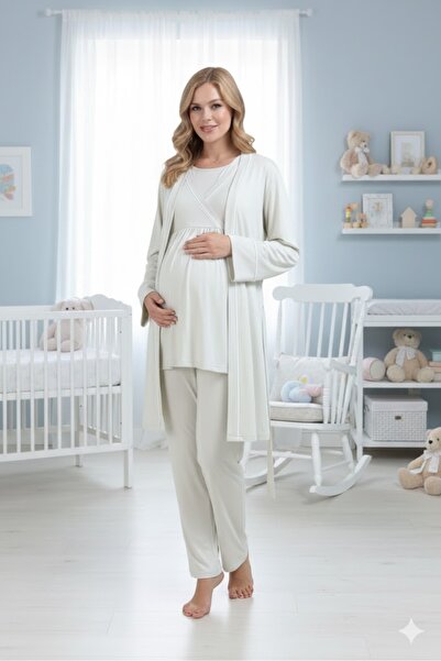 Pelin Women's Mint Green Lace Maternity Pajama Set with Dressing Gown