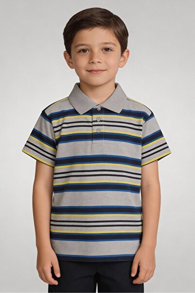 HAWK Kids Boy Spread Collar Short Sleeve Stripe Polo Shirt, Multicolor