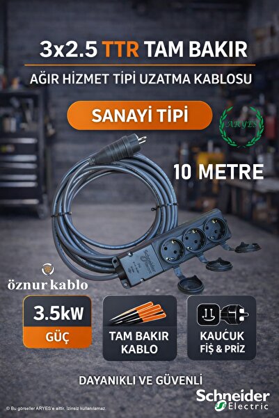 Aryes 3lü Sanayi Tipi Uzatma Kablosu 10 Metre 3x2.5 TTR Tam Bakır Öznur Kablo...