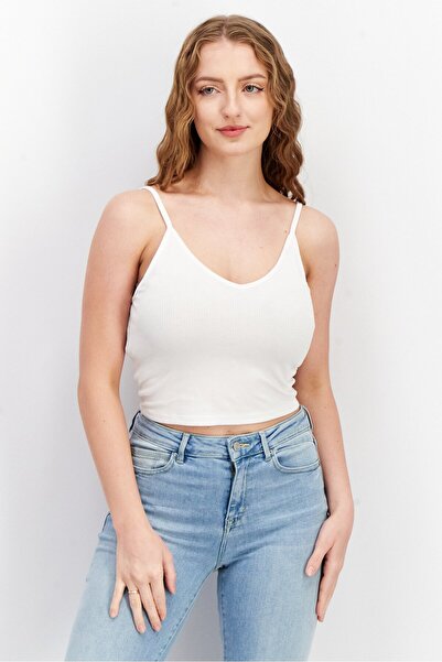 Don't Call Me Jennyfer Women V-Neck Sleeveless Ribbed Crop Top, White