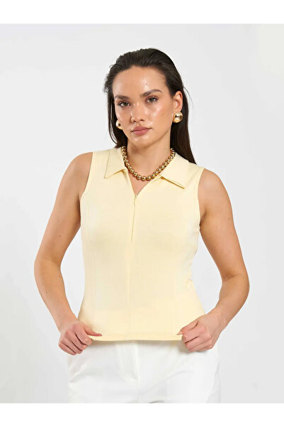 Caddebostan Moda Women's Front Zipper Collared Knitted Sleeveless Bodysuit wi...