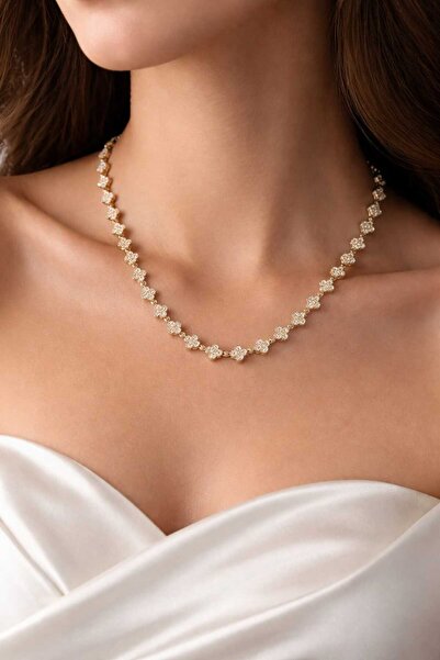 staınless steel gold zirkon taşlı yonca motif kolye