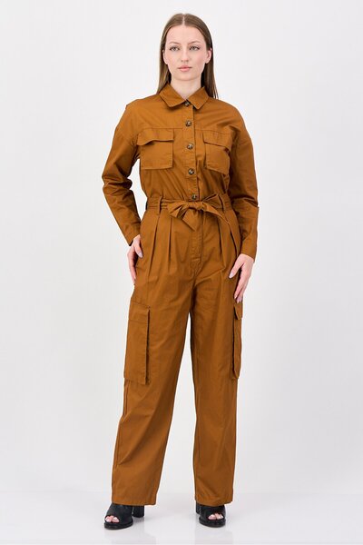 PROMOD Women Plain 3/4 Sleeve Jumpsuit, Rust