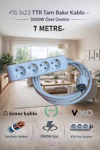 Aryes 4lü Uzatma Kablosu 7 Metre 3x2.5 TTR Tam Bakır 3000W Yüksek Güç Cihazla...