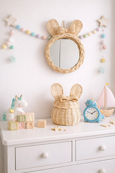 DEKORATTAN Rattan bambu hasır 2 li set sepet ve ayna