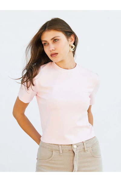 Caddebostan Moda Women's Crew Neck Crop T-Shirt Short Sleeve Basic Knitted T-...