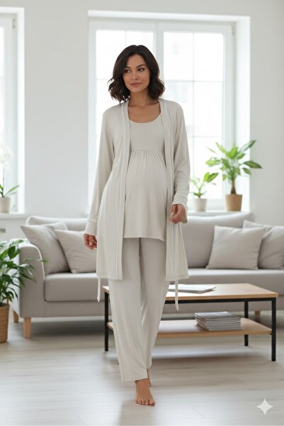 LOHOUSE Women's Lace Maternity Pajama Set with Nursing Features and Robe