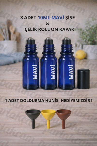 parlakcam 3 Adet Cam Roll On Şişesi 10ml Amber Şeffaf Mavi Yeşil Çelik Bilyal...