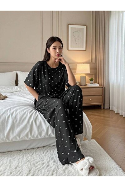 MYCARA Women's Gray Digital Printed Pajama Set - Small Bow Patterned Comforta...