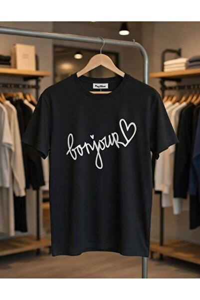 playwear تي شيرت مطبوع عليه نص أسود على شكل قلب بوجور مريح للجنسين