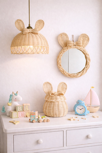 DEKORATTAN rattan bambu hasır fiyonklu 3lü set Avize - Ayna - Sepet