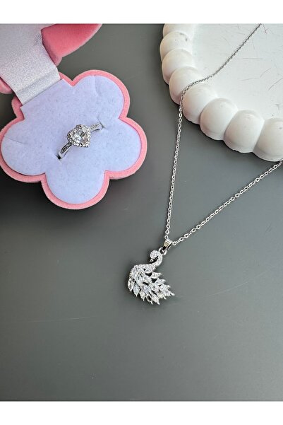 shop GÜMÜŞ RENK KUĞU KOLYE VE KALPLİ AYARLANABİLİR YÜZÜK SETİ ÇELİK