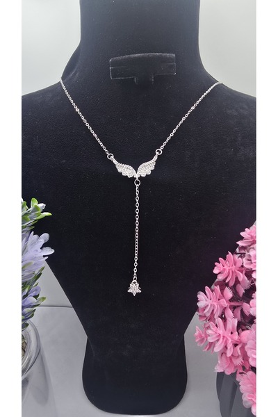 ahsenaksesuar2025 Melek Kanat Zirkon Taşlı Sarkıt Y Model Gümüş Renk Çelik Ka...