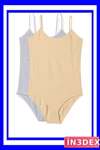 İN3DEX Women's Rope Strap Snap Fastener Bodysuit Set of 2 Gray and Nude Color