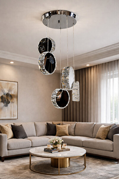 TREND 15LİK AYNA GÜMÜŞ MODERN 5Lİ KRİSTAL SARKIT AVİZE