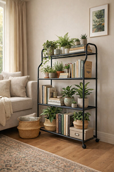 ARVİONHOME Siyah Tekerlekli 4 Katlı Metal Çiçeklik Standı: Çok Amaçlı Mutfak,...