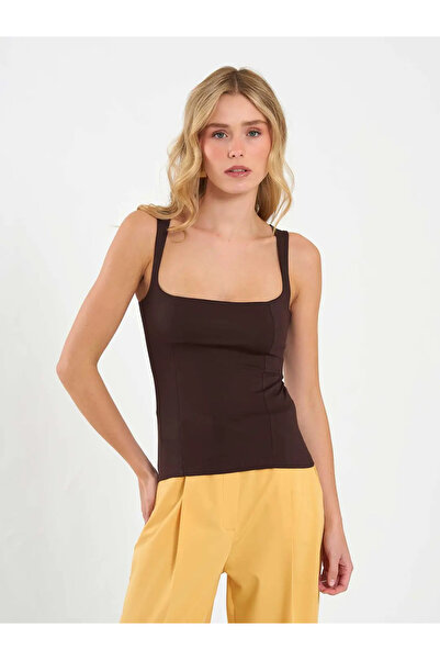 Caddebostan Moda Women's Square Neck Wide Strap Basic Blouse Slim Fit Stretch...