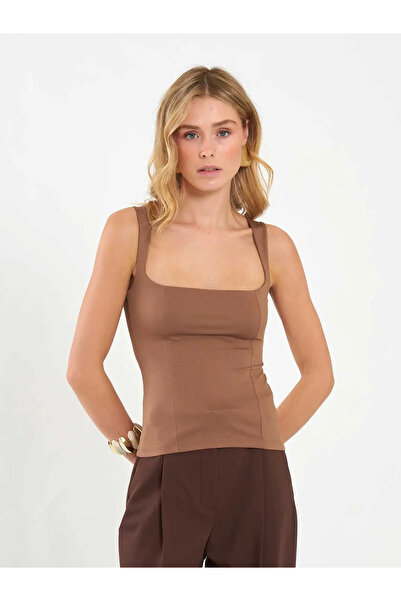 Caddebostan Moda Women's Square Neck Wide Strap Basic Blouse Slim Fit Stretch...