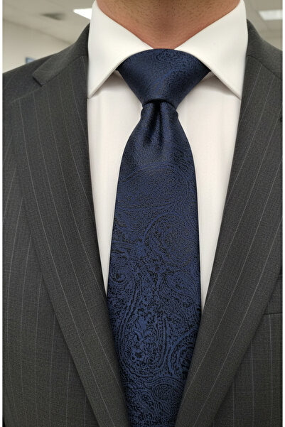 Gutiero Navy Blue Patterned Classic Tie with Handkerchief