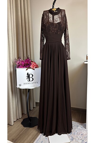 TOP BERLANTY Elegant chiffon and lace evening dress - chocolate brown