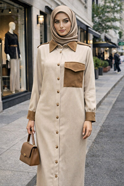 ayşe akay Kontrast Süet Detaylı Uzun Gömlek Elbise Twil – Apoletli, Tek Cep K...