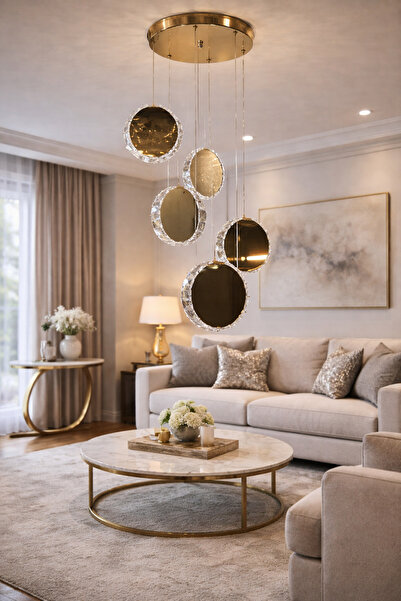 TREND 15LİK AYNA GOLD MODERN 5Lİ KRİSTAL SARKIT AVİZE