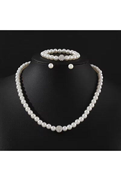 CARAVSTORE Boncuk Detay İnci Takı Seti Kolye Bileklik Küpe 3`lü Takım