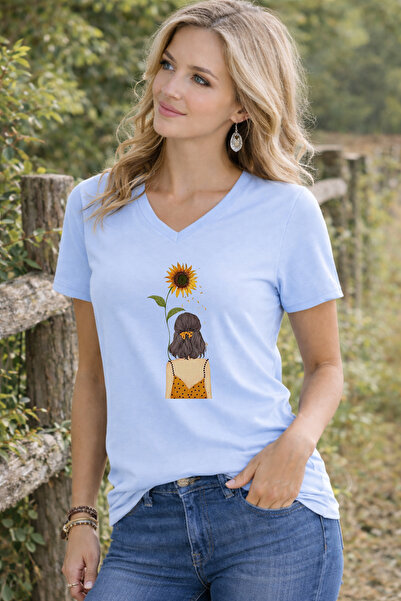 LORVEX Women's V-Neck T-Shirt Comfortable Fit Sunflower in Hand Printed Casua...