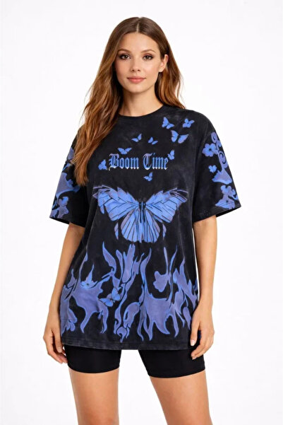 Turega Style Acid Washed Oversize T-Shirt Blue Butterfly Printed Digital Prin...