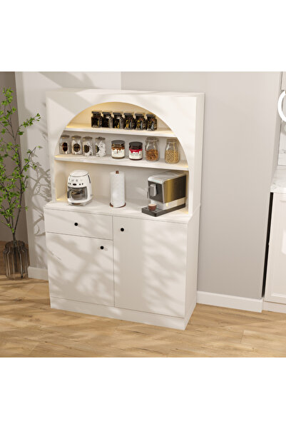 klubeconcept Beyaz Kemerli Mutfak Büfesi Kahve Köşesi Dolabı Raflı Servis Üni...