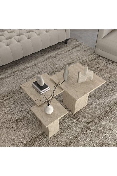 klubeconcept Traverten Desenli MDF Zigon Sehpa Takımı – Modern Salon Sehpası ...