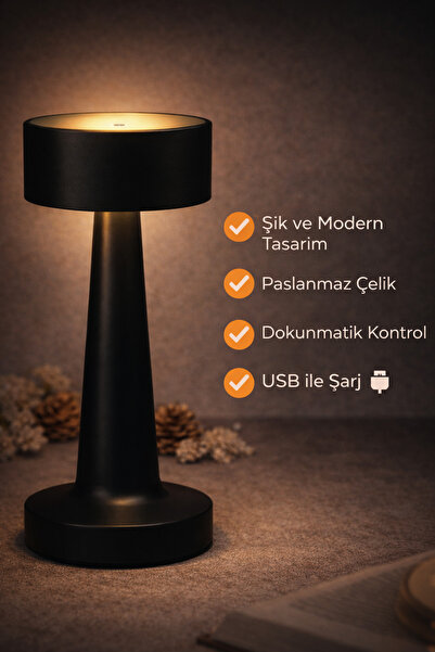 EVENT Şarjlı Dokunmatik Masa Lambası LED Metal Abajur USB Şarjlı Modern Gece ...