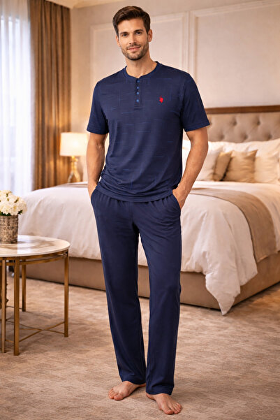 YUYİ Polo Republi̇ca 95% Cotton Short Sleeves Buttoned Collar Men's Pajama Se...