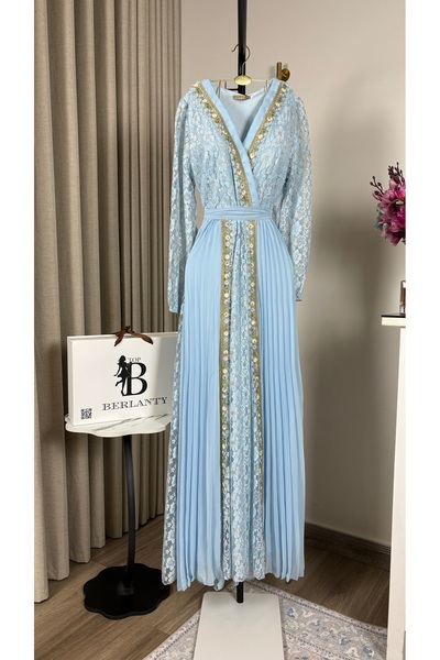 TOP BERLANTY "Royal Sky Blue" Evening Dress - Embroidered Pleated Lace