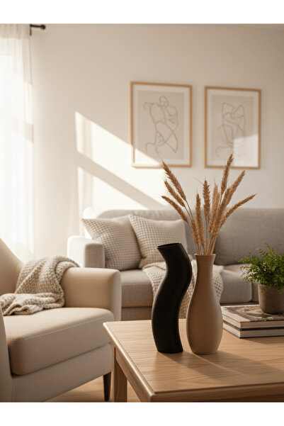 Dumledo Kıvrımlı Siyah & Kahve Dokulu İkili Dekoratif Vazo Seti | Biblo