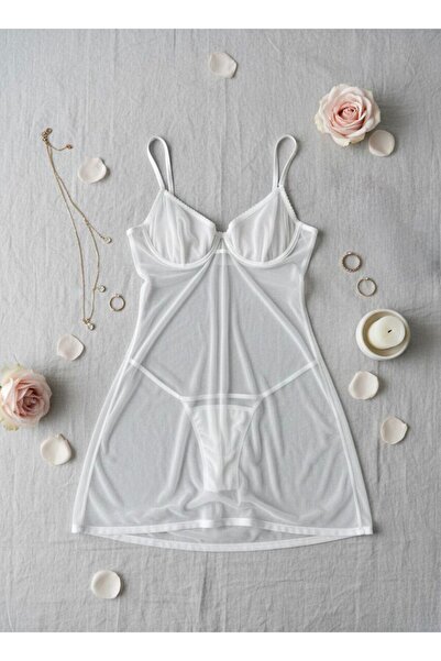 cdh çeyize dair herşey Vespera White Tulle Nightgown with Back Tie Detail