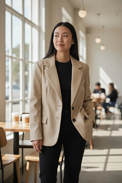 modayiğit Bej astarlı şık kadın suni deri ceket