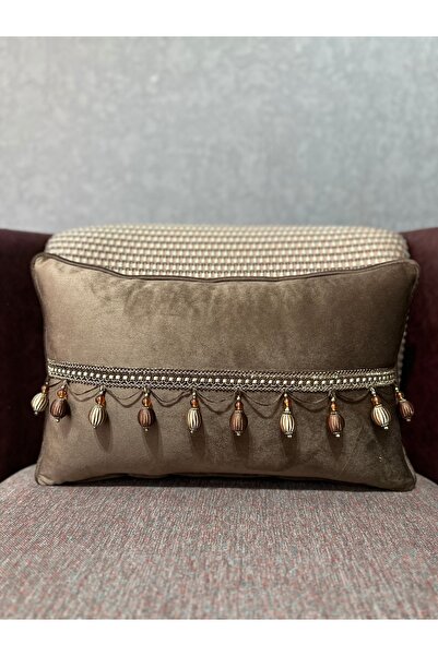 Fabricland Yumuşak İthal Kadife Kahverengi Boncuk Püsküllü 50X30 DİKDÖRTGEN