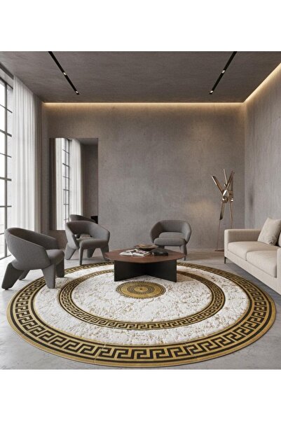 deco marié Beyaz Zeminli Altın Bordürlü Yuvarlak Peluş Halı – Yumuşak Dokulu,...