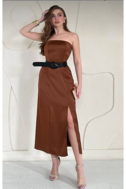 LACASE Women's Black Strapless Satin Dress