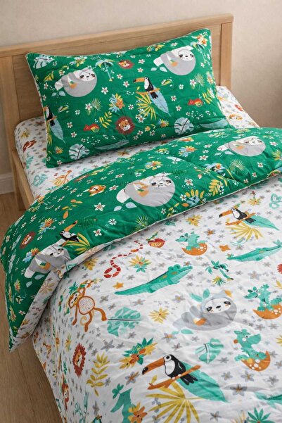 Bebek Özel %100 Pamuklu Bebek/Çocuk 70x120 Park Beşik Yastık Çarşaf Yorgan Beyaz ve Yeşil Orman (Yorganlı)