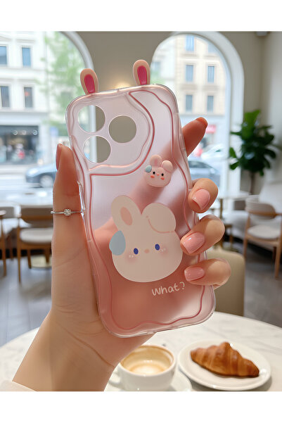 TechTrove 3D Rabbit Ear Design Wavy Edge Transparent Pink Case Compatible wit...