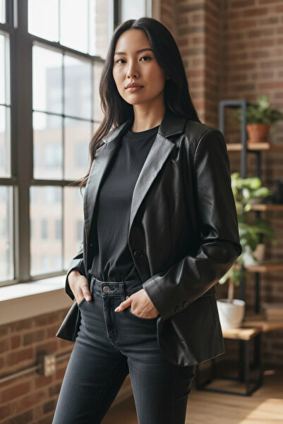 modayiğit Siyah astarlı şık kadın deri ceket