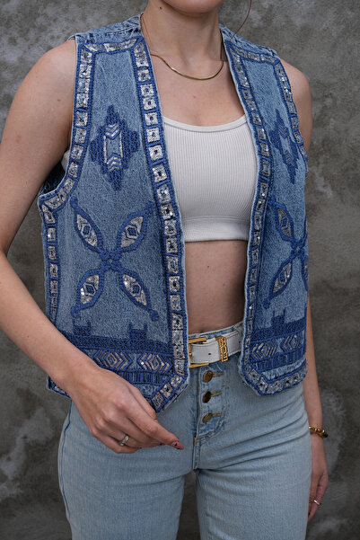 FancyWorld Ethnic Pattern Sequin Embroidered Jeans Denim Vintage Vest