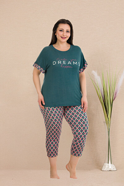 MOPİ Plus Size Viscose Comfortable Short Sleeve Capri Pajamas Set