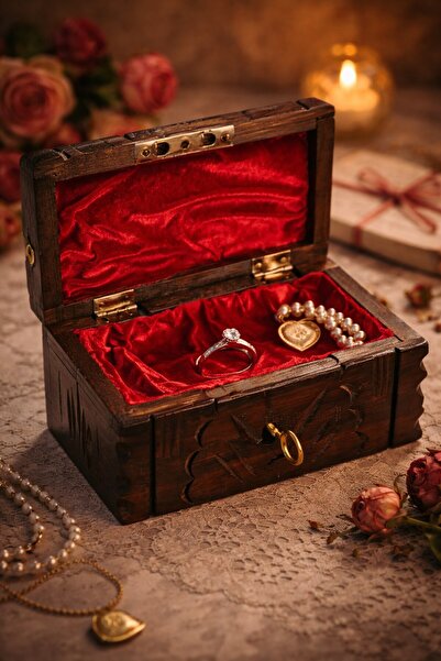 HediyeFilesi Maraş Oyma El Yapımı Ahşap Sandık – Kadife İç Kaplama Takı & Öze...