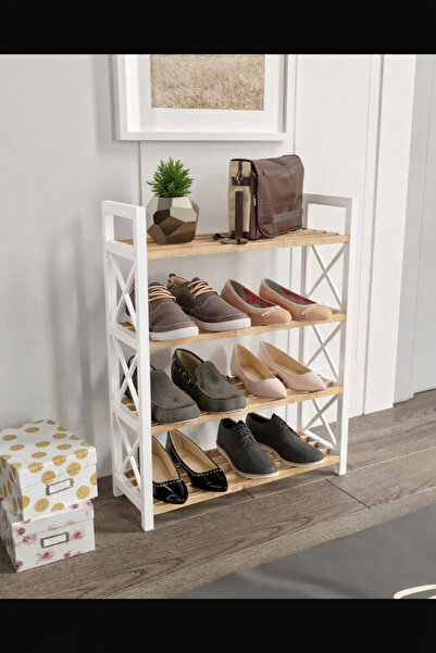 bituclass BEYAZ DEKORATİF 5 ÇITALI MASİF AHŞAP PLASTİK AYAKKABILIK 4 KATLI BEYAZ