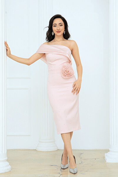 BEYBOS Atlas Fabric Pearl Rose Detailed Pencil Dress - Powder